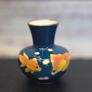 Vintage Japanese Bud vase Goldfish cobalt blue hand painted  fish